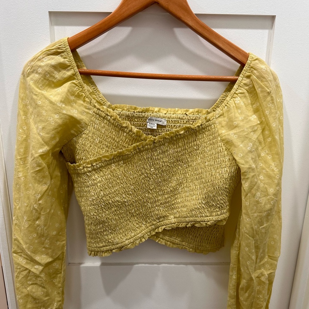 American Eagle Green Crossbody Long Puffy Sleeve Crop Top